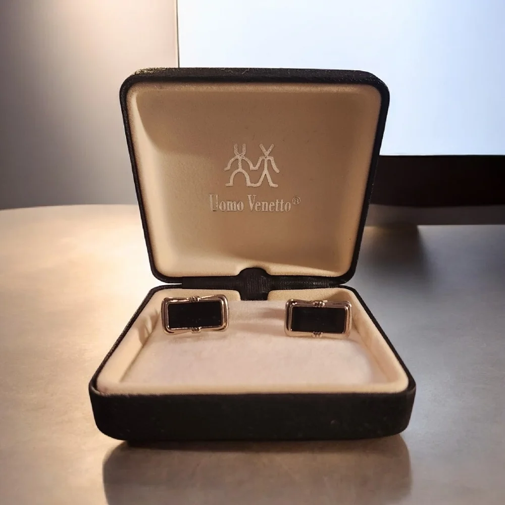 Pronto Uomo Silver and Black Onyx Cufflinks NIB